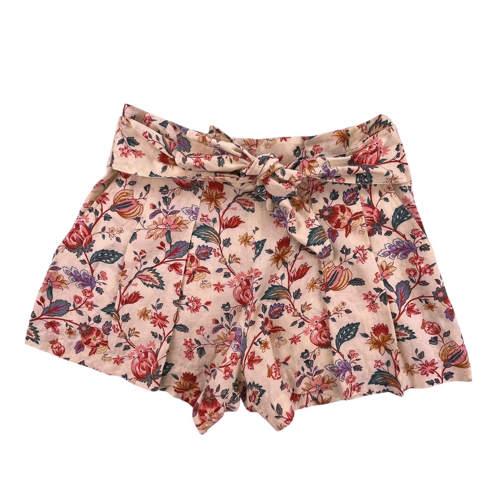 Sezane TYSON Floral Linen Cotton Shorts Tie Belt Cream Pink Red Size 6
